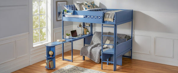 English Elm Full Size Loft Bed with Rotating Desk Led Lighting Sofa and Bookshelf Storage Navy Blue LT000200AAC