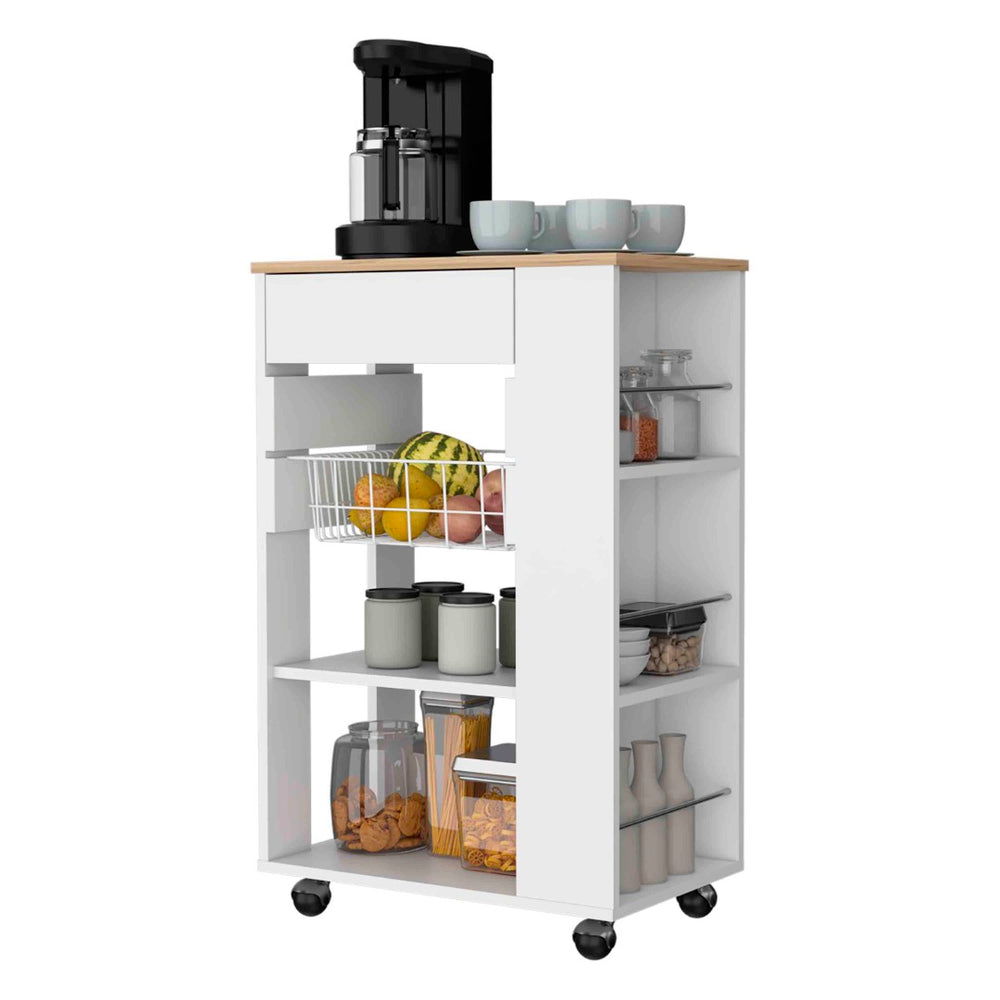 English Elm Shelton Rolling Kitchen Cart with Open Shelves Drawer and Hanging Utensil Rack B128S00144