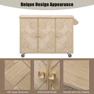 English Elm K&K Farmhouse Kitchen Island with 3D Wave Stripes Ash Veneer, Drop Leaf, Rolling Cart Storage Natural Wood N707P207916Y