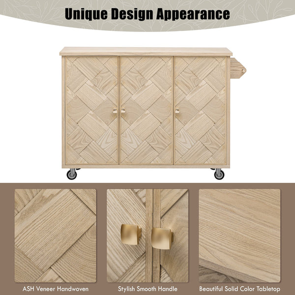 English Elm K&K Farmhouse Kitchen Island with 3D Wave Stripes Ash Veneer, Drop Leaf, Rolling Cart Storage Natural Wood N707P207916Y