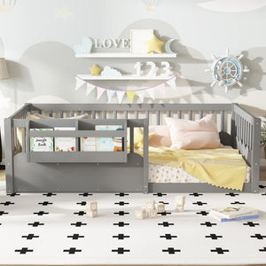 English Elm Twin Low Profile Kids Floor Bed Pine Wood Frame with Safety Rail and Built in Bookshelf Gray W1580P373135