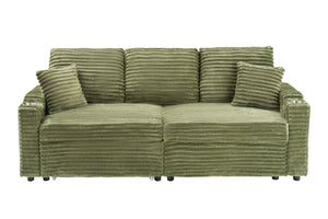 English Elm 80-inch Corduroy Folding Sofa Bed with Hidden Recline, Cup Holder & Pillows, Solid Wood Frame, 500lb Green W3356S00006