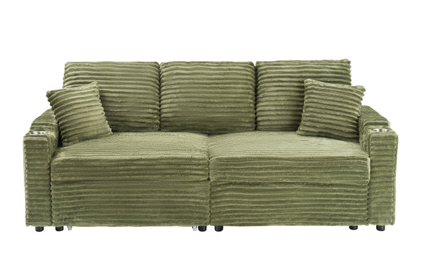 English Elm 80-inch Corduroy Folding Sofa Bed with Hidden Recline, Cup Holder & Pillows, Solid Wood Frame, 500lb Green W3356S00006