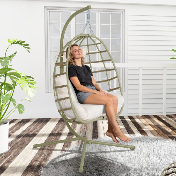 English Elm Egg Hanging Chair with Stand Pe Rattan Swing Seat Washable Cushion Patio Bedroom T5880P497436