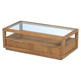 English Elm Modern Wood Coffee Table With 2 Drawers ,Minimalist Display Coffee Table With Transparent Tempered Glass, Open Storage Shelf For Living Room