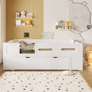 English Elm Wood Twin Platform Bed for Kids with Fence Guardrail and Under Storage Drawer White N709P385776K