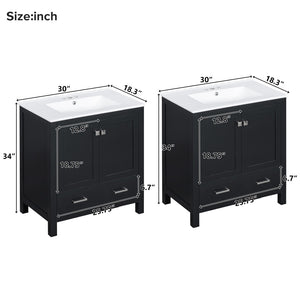 English Elm Modern 48 Inch Freestanding Bathroom Vanity Dual Ceramic Sinks Soft Close Gold Handles Black N729P000001B