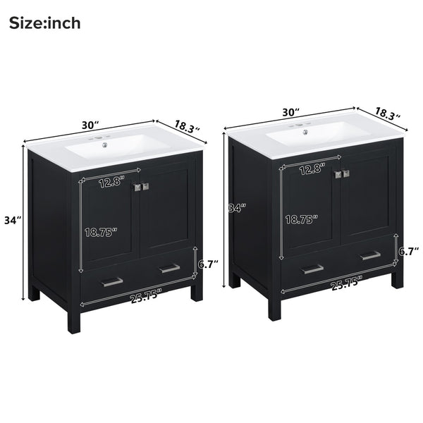 English Elm Modern 48 Inch Freestanding Bathroom Vanity Dual Ceramic Sinks Soft Close Gold Handles Black N729P000001B