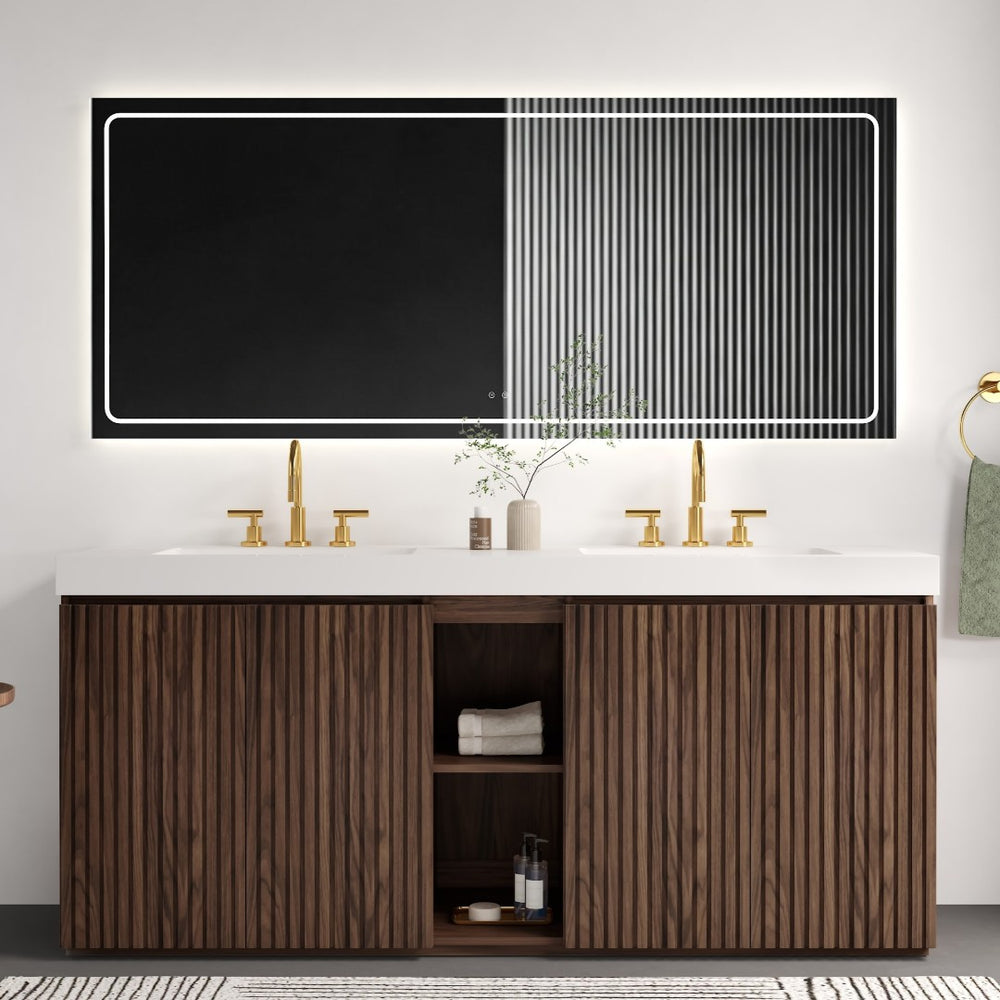 English Elm Galan 72 Inch Double Sink Vanity Fluted Wood Quartz Top Freestanding Bathroom Cabinet Walnut Brown W1865S00228