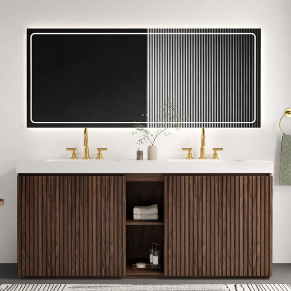 English Elm Galan 72 Inch Double Sink Vanity Fluted Wood Quartz Top Freestanding Bathroom Cabinet Walnut Brown W1865S00228