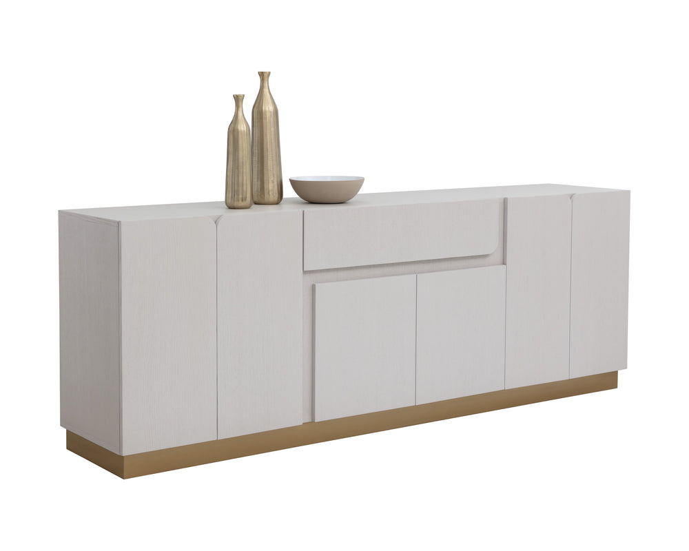 Sunpan Greco Sideboard - Scandinavian Light Wash Oak Design with Adjustable Shelving & Rustic Bronze Accents