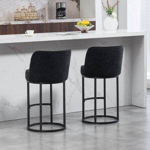 English Elm Counter Height Barstools Set of 2 Linen Upholstered Barrel Seat with Iron Legs Black W395P410438
