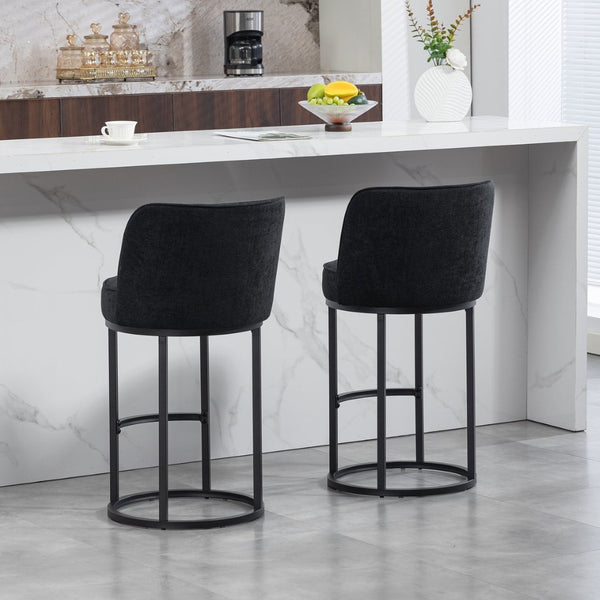 English Elm Counter Height Barstools Set of 2 Linen Upholstered Barrel Seat with Iron Legs Black W395P410438
