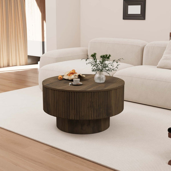English Elm 29.53 Inch Round Mdf Coffee Table Sculptural Grooved Silhouette with Hidden Storage W2189P320663