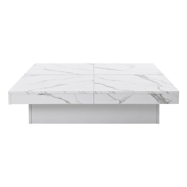 English Elm Square Marble Veneer Coffee Table with Sliding Top Hidden Storage Pedestal Base White N735P388120K