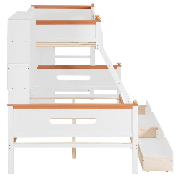 English Elm Twin Over Full Wooden Bunk Bed With Stylish Storage, Led Light, Drawers, And Wardrobe In White & Orange N820S00063K-GIGA