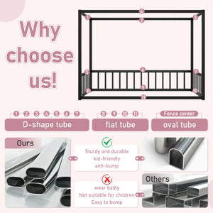 English Elm Full Black Iron Sunshade Floor Bed with Fence-Style Guardrails, Modern Low-Profile Double Frame W1858P282500