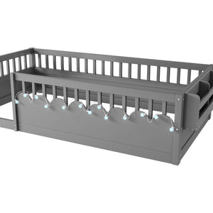 English Elm Twin Montessori Floor Bed Frame with High Rails and Built-In Light Shelf for Safe Independent Sleep Grey 79.13 L x 13 W x 6.3 H W2593P333797