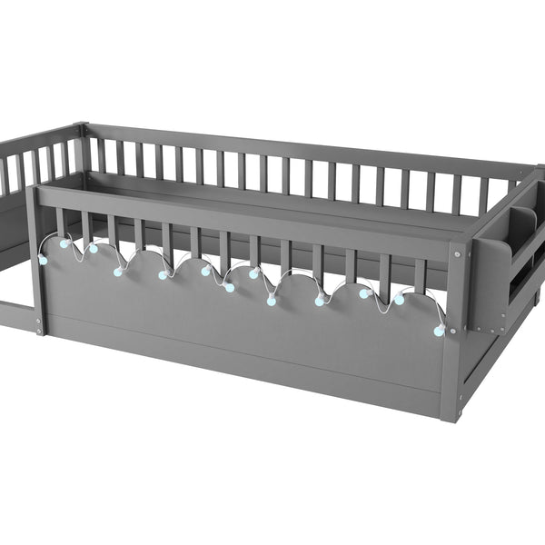 English Elm Twin Montessori Floor Bed Frame with High Rails and Built-In Light Shelf for Safe Independent Sleep Grey 79.13 L x 13 W x 6.3 H W2593P333797