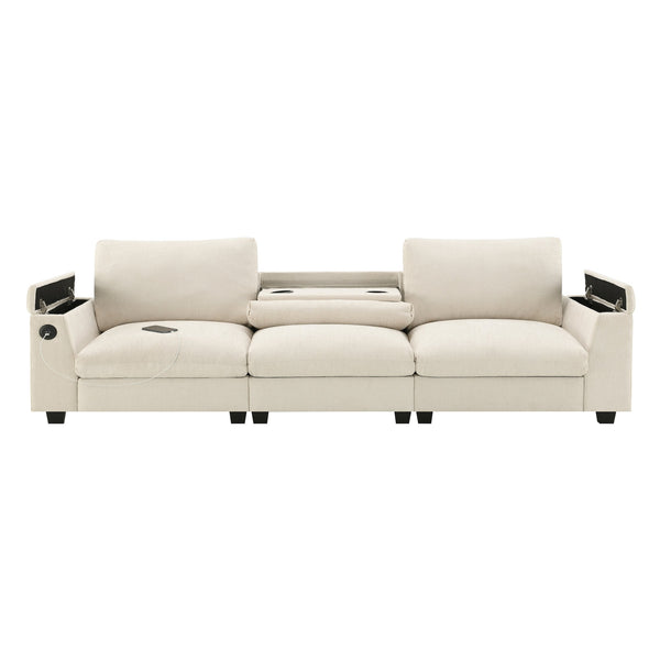 English Elm 96*35''Chenille Multifunctional Sectional Sofa with Bluetooth Speakers, Drop Table, USB Ports & Storage Beige N723S9750A