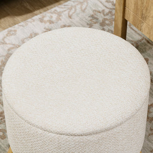 English Elm HOMCOM Round Storage Ottoman Stool with Cushioned Linen Top, Oak Legs, Hidden Interior for Clutter-Free Living Room Seating Cream White W2225P173824