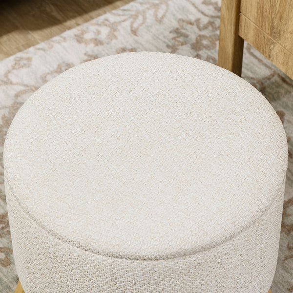 English Elm HOMCOM Round Storage Ottoman Stool with Cushioned Linen Top, Oak Legs, Hidden Interior for Clutter-Free Living Room Seating Cream White W2225P173824