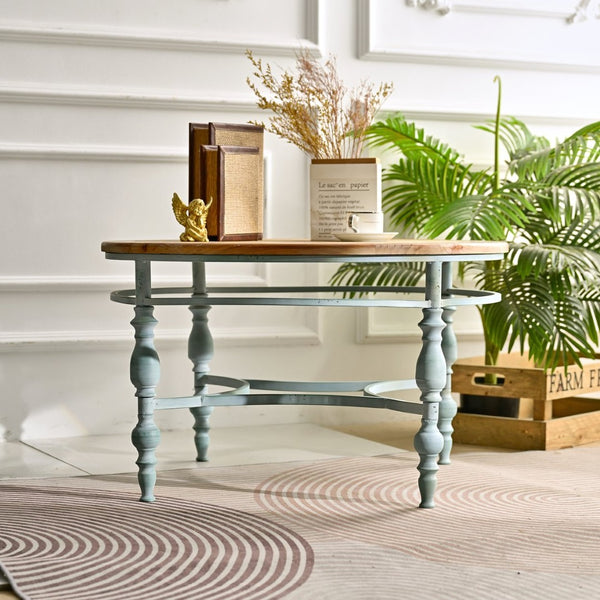 English Elm 31.50" Hand-carved Distressed Wood Round Coffee Table with Metal Legs for Living Room W3933P379162