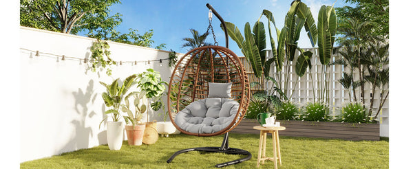 English Elm U_style Wicker Hanging Egg Chair with Stand Foldable Indoor Outdoor Swing Seat Brown+Gray N711P389503G