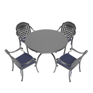 English Elm 5-Piece Cast Aluminum Patio Furniture Set With Plush Blue Cushions For Stylish Outdoor Dining & Relaxation W1710S00075