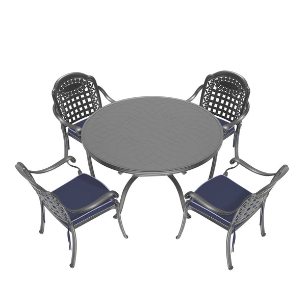 English Elm 5-Piece Cast Aluminum Patio Furniture Set With Plush Blue Cushions For Stylish Outdoor Dining & Relaxation W1710S00075