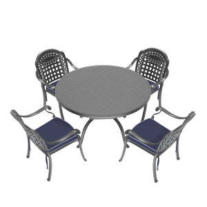 English Elm 5-piece Cast Aluminum Outdoor Dining Set with Carved Relief Frame and Cushioned Seats W1710S00557
