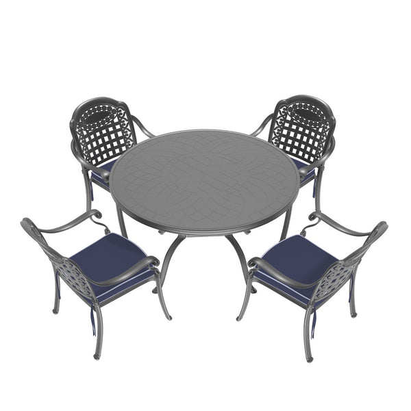 English Elm 5-piece Cast Aluminum Outdoor Dining Set with Carved Relief Frame and Cushioned Seats W1710S00557