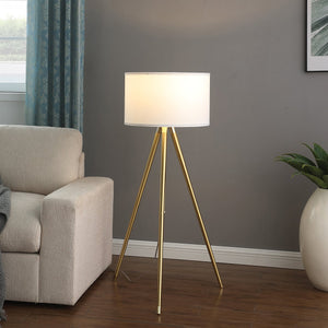English Elm 64" Adjustable 47–64"H Brass & Shiny Gold Mid-Century Tripod Floor Lamp with White Linen Shade, Dimable Look B072P220162