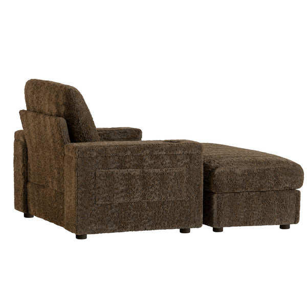 English Elm 42" Oversized Chaise Lounge with Plush Faux Rabbit Fur, Hidden Arm Storage, Cup Holder, Convertible Sleeper Brown N723P232726D