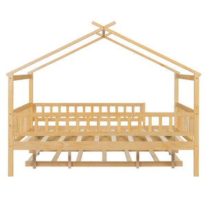 English Elm Full Size Pine House Bed with Roofline Frame and Roll Out Twin Trundle for Kids Natural LP100306AAN