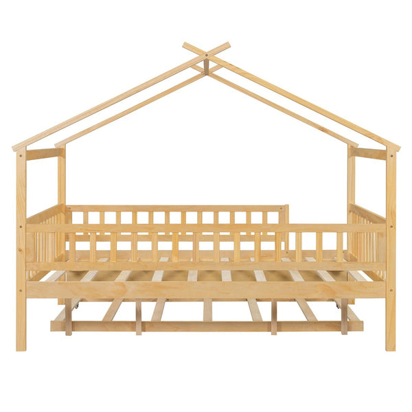 English Elm Full Size Pine House Bed with Roofline Frame and Roll Out Twin Trundle for Kids Natural LP100306AAN