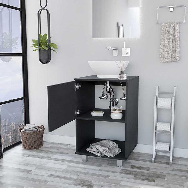 English Elm Malibu Black Single Bathroom Vanity Cabinet with Open Shelf, Particle Board, 12.24" Door, Easy Assemble B128S00071