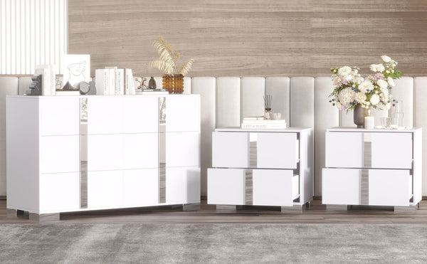 English Elm 3-Pieces Mirrored 6-Drawer Dresser and Two Nightstands with Sleek Metal Legs for Modern Living White 54.25 L x 20.75 W x 8.5 H N733S307938W