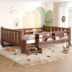 English Elm Twin Pine Floor Bed for Kids with Side Bookcases Built-in Stairs and Safety Guardrails Natural W1580P390225