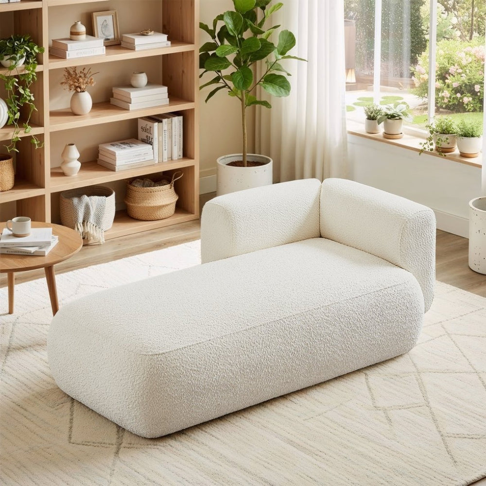 English Elm Upholstered Boucle Chaise Lounge with Wood Legs for Bedroom or Living Room W5515P437365