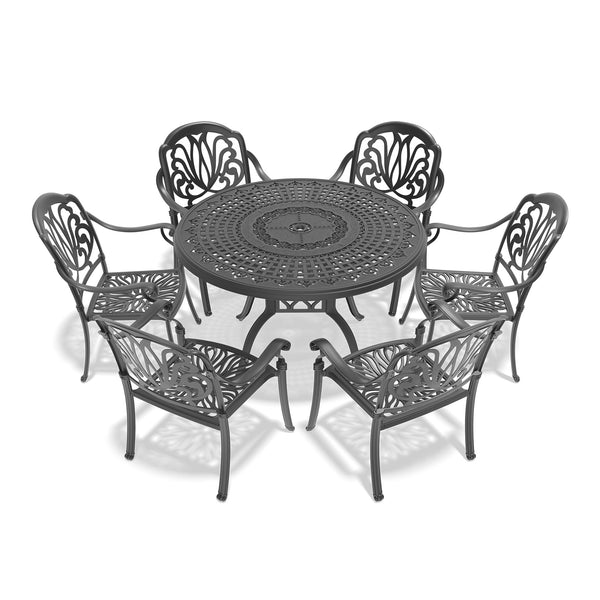 English Elm 7-Piece Cast Aluminum Patio Furniture Set With Plush Brown Cushions For Stylish Outdoor Dining W1710S00486