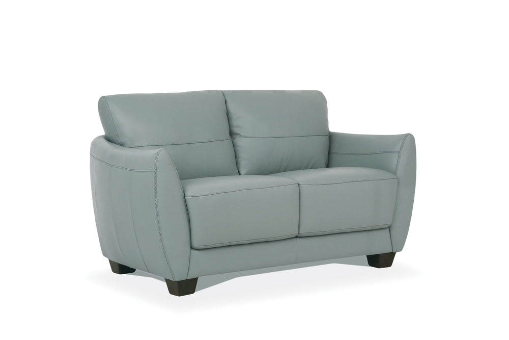 English Elm Valeria Light Blue Watery Leather Loveseat — Italian-Made, Flared Arms, Dark Walnut Legs, Tight Seat B2726P342513