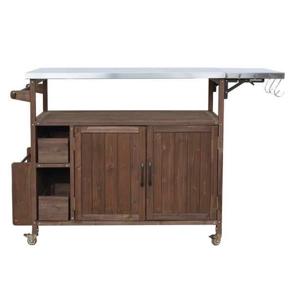 English Elm 54.33" Farmhouse Outdoor Kitchen Cart Solid Fir Frame Steel Top Storage Bbq Prep Brown N767P379702D