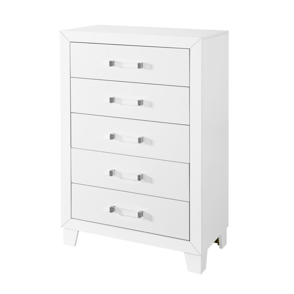 English Elm OMODA Sleek Five-Drawer Chest in Solid Wood and MDF with Modern Acrylic Hardware, Contemporary Appeal White 35.35 L x 19.29 W x 48.82 H B201P226201