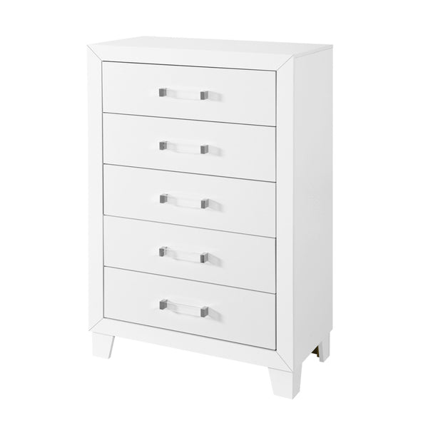 English Elm OMODA Sleek Five-Drawer Chest in Solid Wood and MDF with Modern Acrylic Hardware, Contemporary Appeal White 35.35 L x 19.29 W x 48.82 H B201P226201