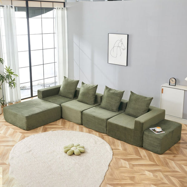 English Elm L-shaped Modular Sectional with Ottoman Corduroy Upholstery Four Seat Living Room Sofa Green W2699S00083