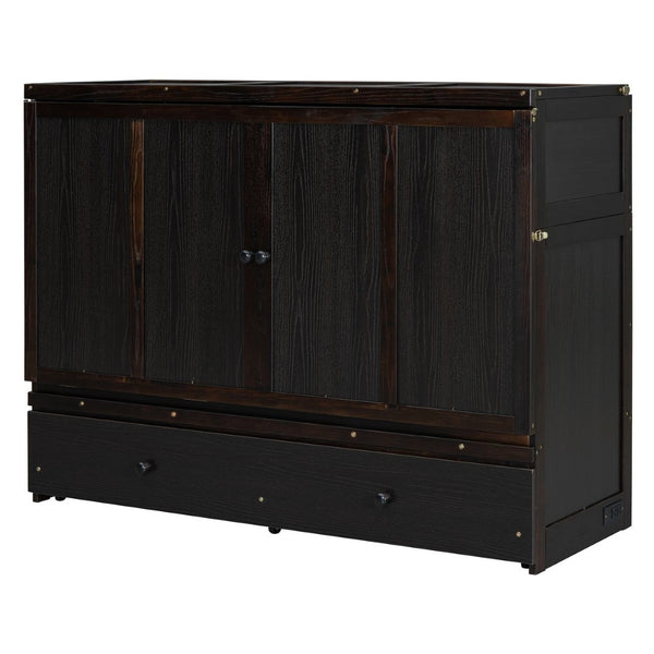 English Elm Queen Murphy Wall Bed with Pull Out Drawer and Built in Usb Charging Cabinet Espresso N708P205905P