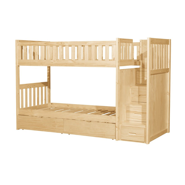 English Elm Twin Over Solid Pine Bunk Bed with Stair Drawers and Safety Guard Rails B011S02432