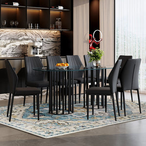 English Elm Table Set Oval Tempered Glass 71 Inch Top with Eight Faux Suede Chairs Modern Dining Black,Transparent W1151S04756