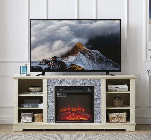 English Elm Mantel Electric Fireplace Media Console with Faux Stacked Stone Surround, 65" TV Fit, 1400W Heat, Ample Storage White W1758S00017